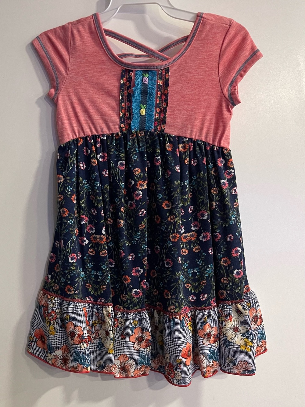 Pink Vanilla Girls' Pink and Navy Floral Tiered Dress